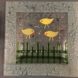 13" square fused Glass Plate, chicks and fence